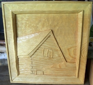 Deep Relief woodCarvings      Log Cabin in Clear Pine