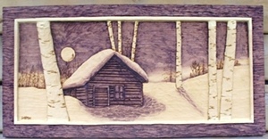 Woodcarvings  Rustic Cabin, deep relief 