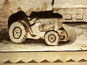 Hand Carved deep relief of tractor and farm 