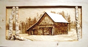 Wood Carved Old Barn with Broken Birch 