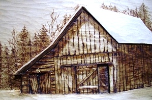 Wood Carved Old Barn with Broken Birch 