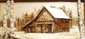 Wood Carved Old Barn with Broken Birch 