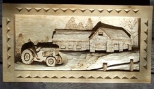 Hand Carved deep relief of tractor and farm SOLD